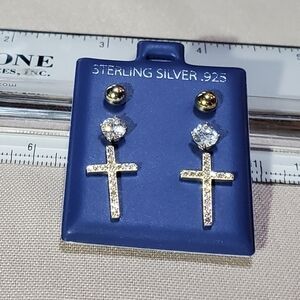 NWOT 3 pair Sterling silver cross w/CZs, solitaire CZ & Gold over silver ball.